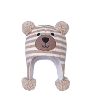 LANGZHEN Toddler Kids Infant Winter Hat Earflap Knit Warm Cap Fleece Lined Beanie for Baby Boys Girls 6-12 Months Bear -Beige Stripe