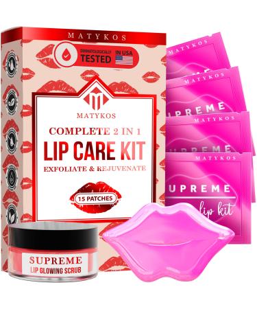 Vegan Lip Mask and Lip Scrub Kit - Strawberry - 15 Pairs - Exfoliate and Moisturize for Dry Lips, Moisturizing, Anti-Aging, Plumping - Enhance & Nourishing Firm Lips Appearance with Gel Lip Pads
