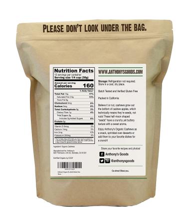 Anthony's Organic Whole Cashews 1 lb - Raw, Unsalted & Gluten Free - Buy Online on GoSupps.com