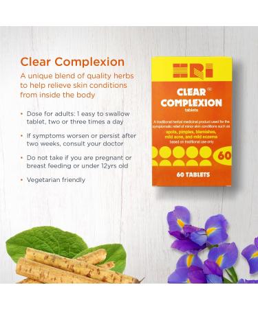 HRI Clear Complexion Tablets - 60 Count for Symptomatic Relief of Skin Conditions - Spots, Pimples, Blemishes, Acne, Eczema - Pack of 1 - Buy Online on GoSupps.com