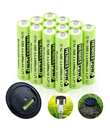 Henreepow AAA Rechargeable Battery 1.2v Ni-MH Solar Batteries Low Self-Discharge Pre-Charged Triple A Battery for Solar Pathway Lights Outdoor Solar Lights (600mAh -12pack) AAA 600mAh 12pack