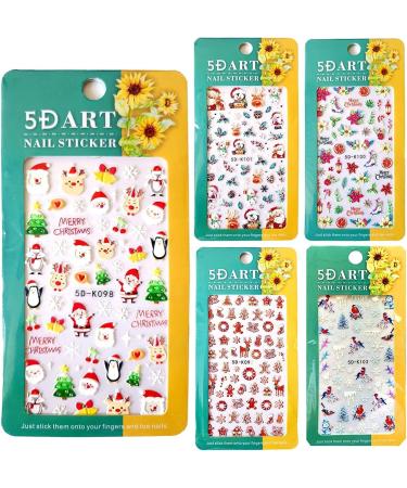 3D Embossed Christmas Nail Art Stickers Decals 5 Sheets 5D Self Adhesive Snowflake Reindeer Snowman Santa Claus Pattern DIY Design Nail Decoration for Women Girls - Buy Online on GoSupps.com
