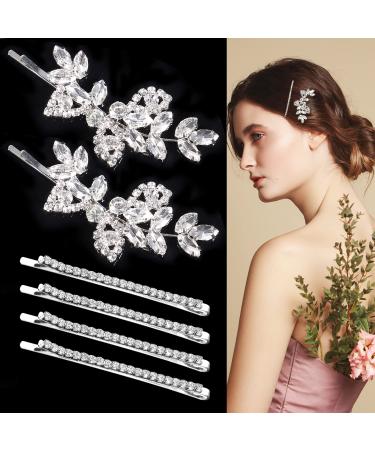 6 Pieces Wedding Rhinestone Hair Clips Bridal Hair Pins Leaf Wedding Hair Pins Bride Crystal Hair Clips Barrette Crystal Bobby Pins for Women and Girls Mother's Day Gifts