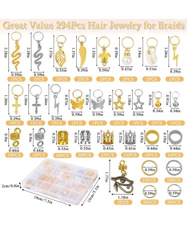 Qinzave Hair Jewelry for Braids & Locs - 294pcs Aluminum Gold Silver Accessories for Dreadlocks | Decorative Charms & Pendants for Hair Braiding - Buy Online on GoSupps.com
