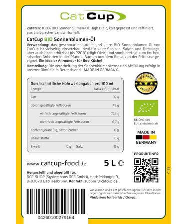 Organic Brat & Salad Oil - 100% High Oleic Sunflower Oil 5L - Ideal for Frying & Cooking | Catcup - Buy Online on GoSupps.com