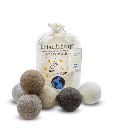 Friendsheep Wool Dryer Balls 6 Pack XL Organic Premium Reusable Cruelty Free Handmade Fair Trade No Lint Fabric Softener Color Brown Beige - Natural Mystic