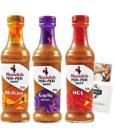 Assorted Sauce Bundle with Nando's Peri-Peri Hot Medium and Garlic 250g each + Brightdale Kitchen Booklet