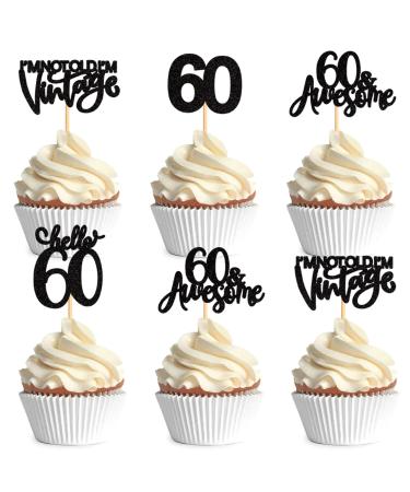 Ercadio 24 Pack Hello 60 Cupcake Toppers Black Glitter 60th Birthday Cupcake Toppers Awesome 60 I m Not Old I m Vintage Cake Picks for 60th Birthday Anniversary Party Cake Decors Supplies Black-60-1