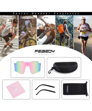 FEISEDY Wraparound Sports Sunglasses | Rainbow-Mirror Shield | Adjustable Legs | 75mm Lens - Buy Online on GoSupps.com
