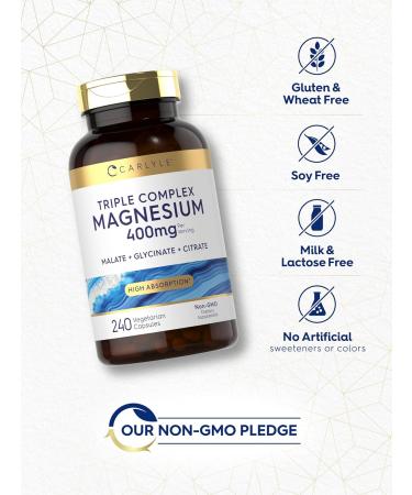 Carlyle Triple Magnesium Complex | 400 mg | 240 Capsules | Magnesium Malate Glycinate & Citrate | Vegetarian Non-GMO and Gluten Free Supplement - Buy Online on GoSupps.com