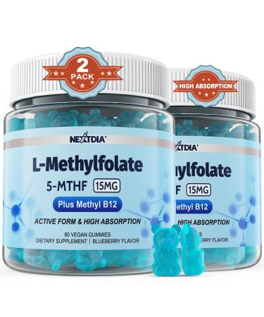 L-MethylFolate 15mg & Methyl B12 Gummies, Methylated B1, B2, B6 Multivitamins - Active 5-MTHF & High Absorption - Supports MTHFR Gene, Cognition, Homocysteine Levels, Folate Metabolism, Vegan, 120 Cts 60 Count (Pack of 2)