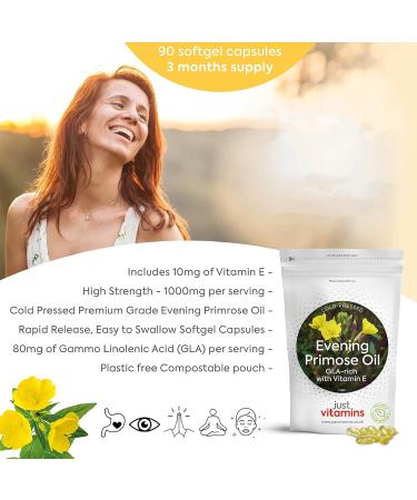 Evening Primrose Oil 1000mg x90 Soft Gel Capsules with Vitamin E | High Strength Omega 6 GLA Supplement (3 Month Supply) - Just Vitamins - Buy Online on GoSupps.com