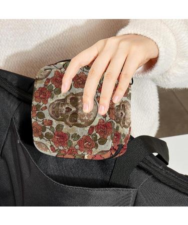 Retro Dead Head Roses Menstruation Pad Bag with Zipper | Stylish Women's Napkin & Tampon Storage | Perfect for Girls & Women - Buy Online on GoSupps.com