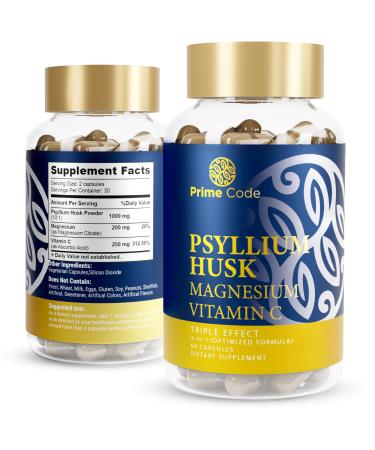 Prime Code 3   Psyllium Husk Capsules with Magnesium Citrate and Vitamin C | Psyllium Husk Capsules 1000mg | Magnesium Citrate 200mg | Vitamin C 250mg | Non-GMO | Gluten & Soy Free | Vegan