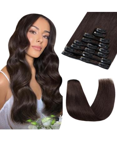 Extensions Real Hair Clip In Hair Extensions 100% Remy Real Hair Thin 8 Wefts 18 Clips Straight 40cm / 65g (#2 dark brown)