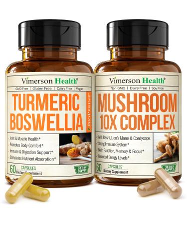 Boswellia Turmeric Curcumin Supplement + 10-in-1 Mushroom Powder Supplement Bundle Supports Joint Health Memory & Focus with Ginger Organic Turmeric Powder Lion s Mane Reishi Mushroom & More