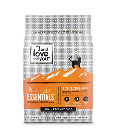 "I and love and you" Naked Essentials Dry Cat Food - Grain Free Kibble for Cats (Variety of Flavors: Chicken + Duck, Salmon + Trout) Chicken + Duck 3.4 Pound (Pack of 1)