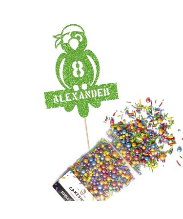 Cakeshop Cake Decoration Pack | Parrot Pirate Premium Double Sided Glitter Card Cake Topper Sign & 25g Party Pack of Cake Sugar Sprinkles | Custom Name & Age Cake Decorations (Green) Non-Prime Glitter Card: Green