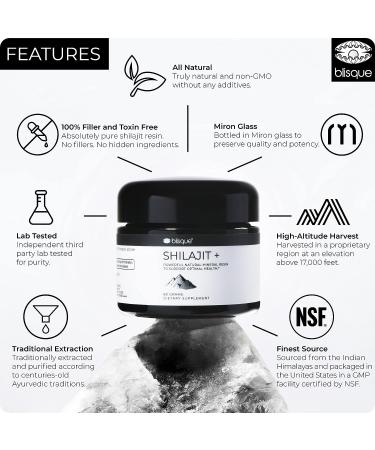 Blisque Pure Himalayan Shilajit Resin Supplement - Natural & Organic Detox Cleanse | Immune Support, Brain Booster & Energy | Fulvic Acid & Trace Minerals - 60g - Buy Online on GoSupps.com