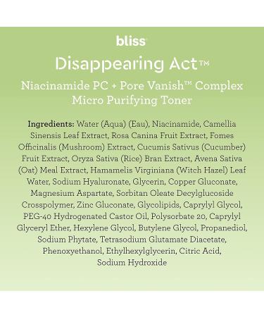 Bliss Disappearing Act Niacinamide Toner 10 oz - Pore Vanish Complex, Purifies Pores, Clean, Cruelty-Free, Vegan - Buy Online on GoSupps.com