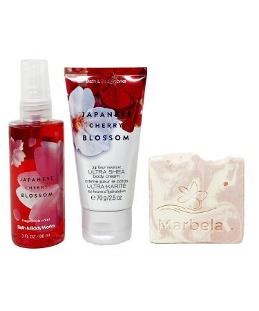 Bath & Body Works Japanese Cherry Blossom - Duo Set Travel Size - Fine Fragrance Mist and Body Cream With a Himalayan Salts Springs Sample Soap.