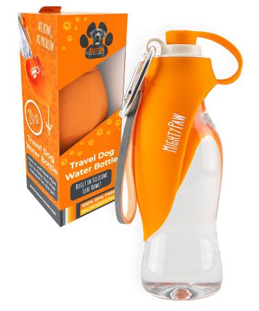 Mighty Paw Travel Dog Water Bottle (20 OZ) | BPA-Free Silicone Portable Drinking Dispenser for Outdoors, Camping, Walking & Hiking. Leak-Proof Waterbottle with Built-in Bowl Pets Orange