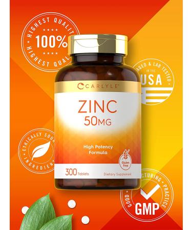Carlyle Zinc 50mg 300 Tablets - Vegetarian, Non-GMO, Gluten Free Zinc Gluconate Supplement - High Potency Formula - Buy Online on GoSupps.com