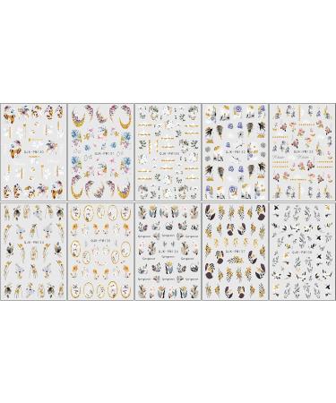 JMEOWIO 10 Sheets Glitter Spring Flower Nail Art Stickers Decals Self-Adhesive Colorful Summer Floral Nail Supplies Nail Art Design Decoration Accessories - Buy Online on GoSupps.com