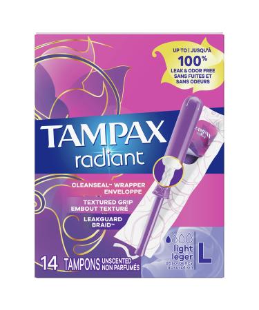 Tampax Radiant Tampons Light Absorbency with BPA-Free Plastic Applicator and LeakGuard Braid Unscented 14 Count Light 14 Count