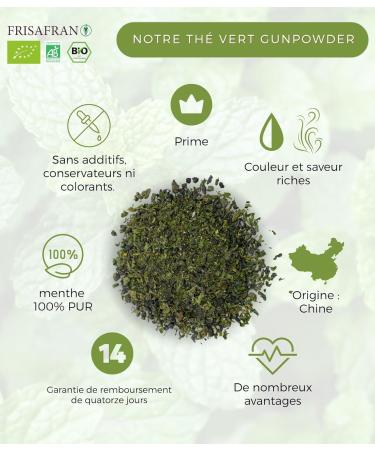 FRISAFRAN | Th Vert Menthe Gunpowder Bio Vrac 100g | Antioxydant | th vert japonais | Digestif | bonne sant | boisson rafra chissante | Infusion de Menthe | pur | Feuilles de menthe | chaud-froid Gundpowder 100g - Buy Online on GoSupps.com