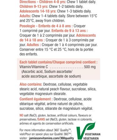 Jamieson Vitamin C Chewables 500 mg - Juicy White Peach Flavour 120 Tablets - Buy Online on GoSupps.com