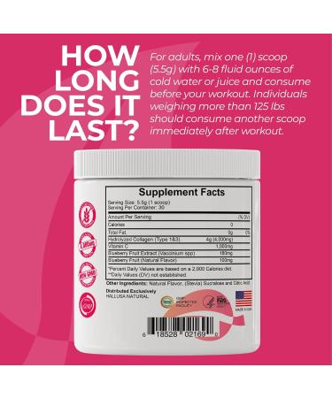 Hallusa Natural Hydrolyzed Collagen Peptides Powder 1000mg with Vitamin C | BlackBerry & Blueberry Flavor | 4g Collagen per Serving | Healthy Hair Skin Nails Bone & Joint Support - Buy Online on GoSupps.com
