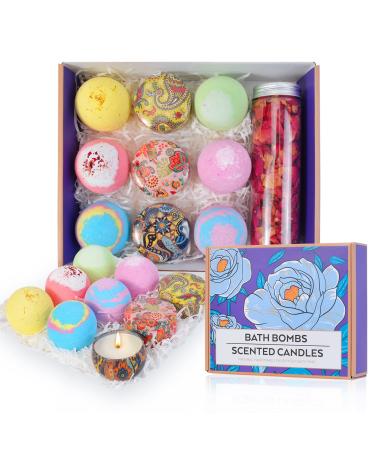 Bath Bombs Gift Set - Set of 6 Bath Bombs  3 Scented Candles & Dried Rose Petals  Bubble Fizzies Spa Bath Kit  Shea and Cocoa Dry Skin Moisturize  Birthday Valentines Christmas Gifts for Women Mom Her