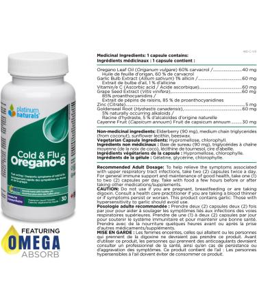 Platinum Naturals Oregano-8 Cold & Flu Support - 30 Veg Capsules with Vitamin C Ascorbic Acid Garlic Grape Seed & Golden Seal - Organic Oregano Oil Blend - Cholesterol & Antioxidant Supplement 30 count (Pack of 1) - Buy Online on GoSupps.com