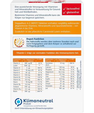 Doppelherz AZ Complete - 23 Essential Vitamins Minerals & Lutein - Long-lasting 120 Depot Tablets for Optimal Health - International Shipping Available - Buy Online on GoSupps.com