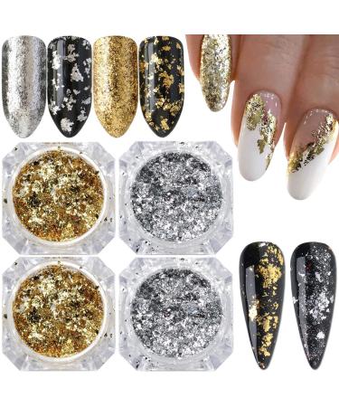 Holographic Nail Foil Glitter Flakes 3D Sparkly Aluminum Foil Flake Gold Silver Nail Glitter Foil Flakes Nail Art Supplies Mirror Powder Sequins Nail Glitter for Acrylic Nails Design (4Boxes) A3