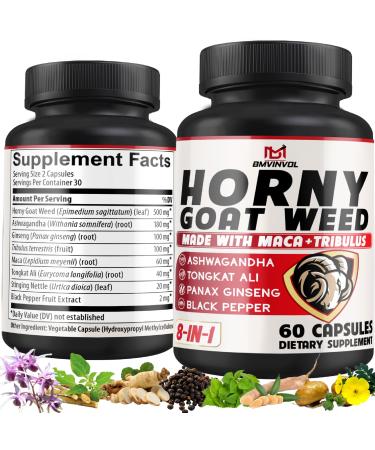 BMVINVOL Horny Goat Weed Capsules with Panax Ginseng Tribulus Ashwagandha Maca Tongkat Ali Nettle Black Pepper - 60 Capsules