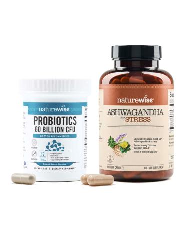 NatureWise 1 Probiotics 60 Billion CFU + Organic Prebiotics - 30 Capsules 1-Month Supply + 1 Ashwagandha for Stress + GABA & L-Theanine - 60 Capsules 30-Day Supply