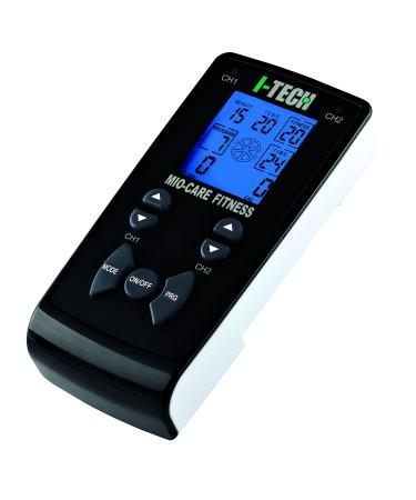 I-Tech Mio-Care Fitness electrostimulator 2 Independent channels 8 electrodes backlit display max. 100 mAh per channel 55 programs: 20 Medical 15 Beauty 20 Fitness 500 Applications