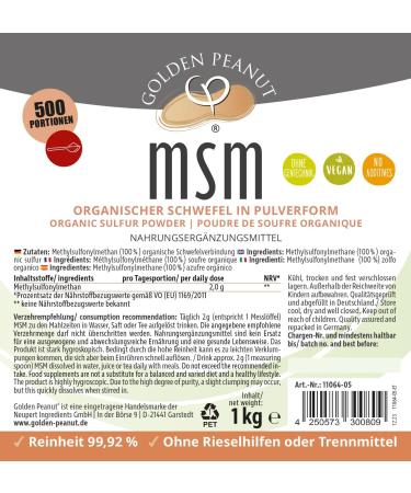 Golden Peanut MSM Powder 1kg - 99.92% Pure Methylsulfonylmethane Dietary Supplement - No Flow Agents - International Shipping Available - Buy Online on GoSupps.com