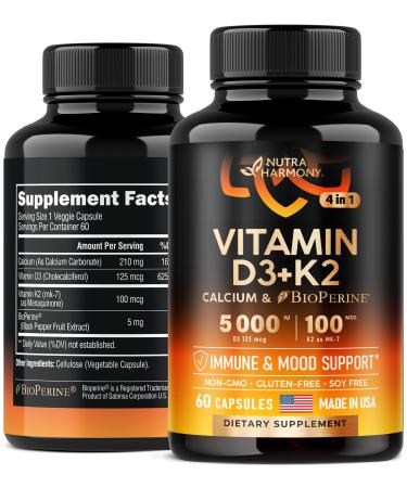 NUTRAHARMONY Vitamin D3 K2 with Calcium & Bioperine - Made in USA - 5000 IU 125 mcg of D3 100 mcg of K2 as MK-7-4-in-1 Supplements - Immune & Mood Support - As Drops & Gummies - 60 Veggie Capsules Vitamins D3+K2
