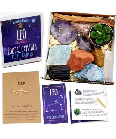 DANCING BEAR Leo Zodiac Healing Crystals Gift Set (14 Pc): 9 Stones, 18K Gold-Plated Constellation Necklace, Meteorite, Succulent Candle, Palo Santo Smudge Stick, and Info Guide, Made in The USA