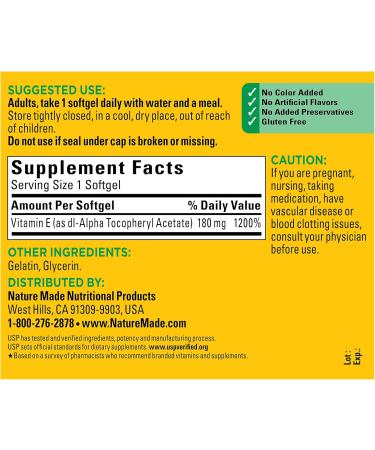 Nature Made Vitamin E 180 mg (400 IU) dl-Alpha Dietary Supplement for Antioxidant and Skin Support 180 Softgels 180 Day Supply 180 Count (Pack of 1) - Buy Online on GoSupps.com