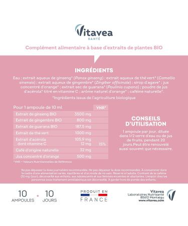 Vitavea - Force G Booster Shot BIO - Food supplement Fatigue Tonus and Natural defenses - Ginseng Guarana Ginger Green tea - 20 ampoules - 20 days cure - Made in France - Buy Online on GoSupps.com