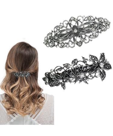 DonLeeving 2 Pcs Vintage Silver Leafy Barrette Antique Filigree Flower Crystal Barrette Metal Retro French Hair Clips For Women Girl