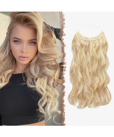 Feshfen Invisible Hair Extensions Secrets Hair extensions with wire dark gold mixed blond Synthetically adjustable curly hair Long wavy secret hair part for women 50cm 50 cm-h01 dark golden mixed mounting h01