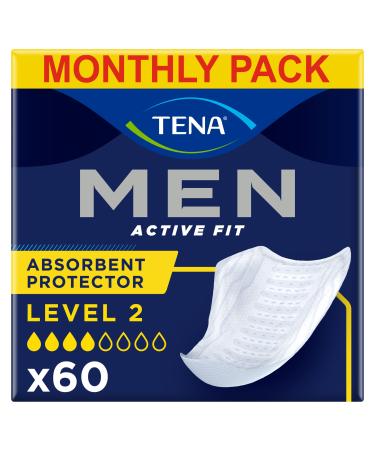 TENA Men Absorbent Protector Incontinence Pads Level 2 60 Incontinence Pads (10 x 6 packs) for Men of All Ages Cup-Shaped for Medium Bladder Weakness Urine Leakage and Drips 60 Count (Pack of 1)