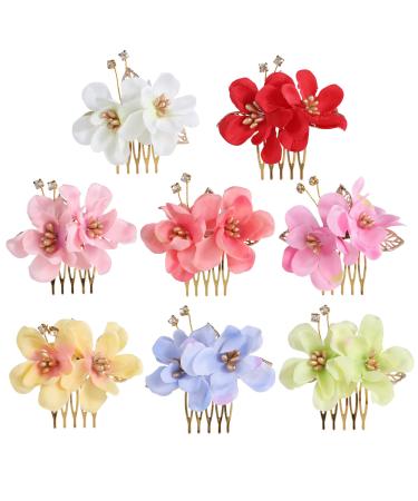 inSowni 8 Pack Hawaiian Luau Party Wedding Bridal Headpiece Artificial Fake Silk Hibiscus Flower Gold Hair Side Combs Clips Pins Barrettes for Women Girls Brides