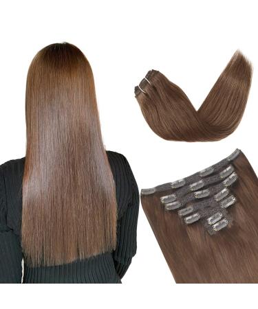 Vlasy Clip in Hair Extensions Human Hair Seamless Hair Extensions Clip in Real Human Hair 7 Pieces Straight Copper Brown Natural Thick Weft Human Hair Clip in Extensions for Women 8# 20 Inch(90 g) 20 Inch (90 g) 8# Copper Brown