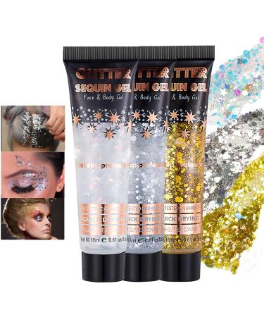 DAGEDA 3Colors Body Glitter Gel Set Face Glitter Makeup Sparkle Chunky Glitter Gel Rave Party Shimmer Highlight Makeup Sequin Rainbow Color Metallic Makeup Laser Glitter(White + Gold + Silver) white gold and silver